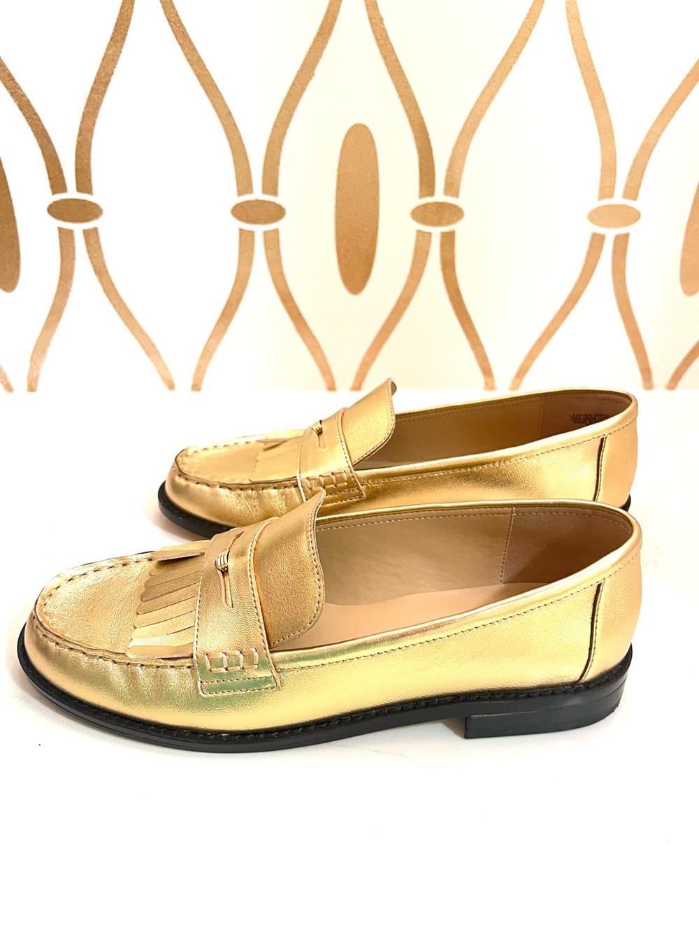 Ann Taylor Gold Metallic Leather Fringe Preppy Classic Penny Loafers - Picture 8 of 11